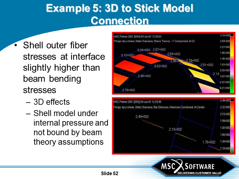 Slide 52 Example 5: 3D to Stick Model Connection Shell outer fiber stresses at